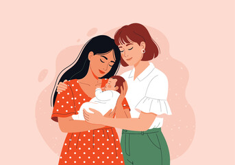 Two mothers holding their newborn baby with love and care, a modern family concept, isolated on on transparent background