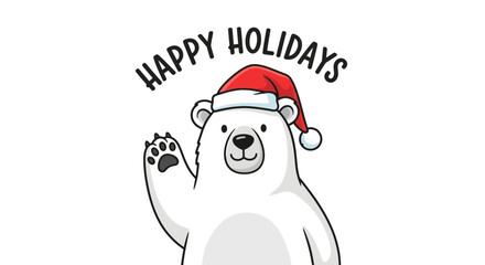 A cartoon polar bear wearing a Santa hat waves, with the words 