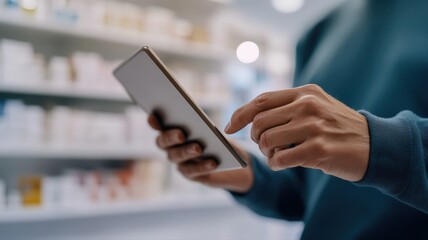 Customer hand engaging with digital tablet for seamless online shopping and product information in modern pharmacy retail environment, emphasizing digital convenience.