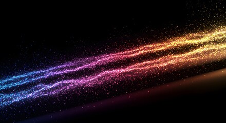 Mesmerizing colorful particle trails flow across a dark background, creating a vibrant, dynamic abstract light design. Digital energy waves illuminate the space with a futuristic glow