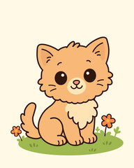 Cute cat sitting with flowers cartoon style illustration