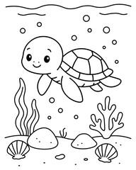 Cute turtle under the ocean kids coloring page illustration
