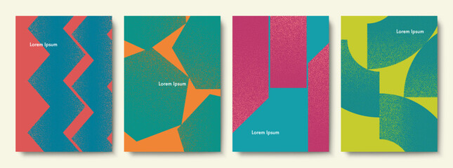 Set of Colorful Geometric Covers for Printing. Vector Abstract Illustration. Stippled Texture.