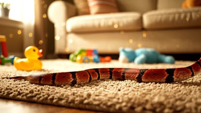 Royal Snake Crawling Across Beige Carpeted Floor in a Cozy Living Room with Toys and a Cream Sofa with Soft Natural Lighting from Window in Background
