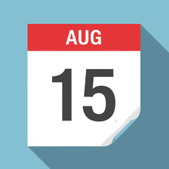 Fototapeta premium August 15 calendar icon, vector illustration of date isolated on, reminder of event, appointment scheduling, business planning on transparent background
