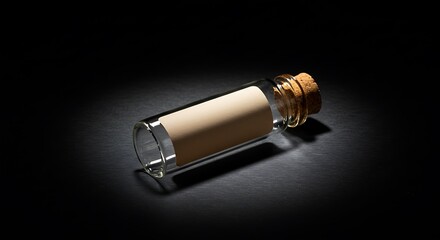 A small glass bottle with a cork stopper and a blank label lies on a dark surface for commercial usage and mockups