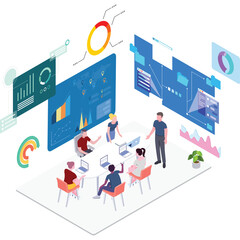 Diverse business team collaborates around a conference table analyzing data charts and graphs on futuristic screens in a modern office meeting room with isometric perspective