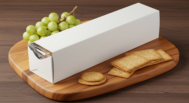 A white box with grapes and crackers on a wooden board for commercial usage and mockups