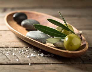 Wooden platter with stones and olive branch, set on rustic wood