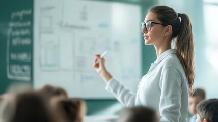 Engaged young female teacher with glasses explaining lesson on whiteboard to students in classroom setting. Concept of education and academic learning.