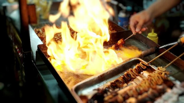 Slow motion of hands of man grilling intestine satay over blazing fire