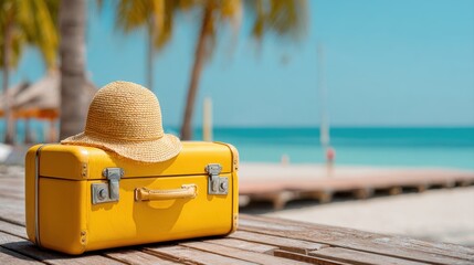 Naklejka premium Ready for a Summer vacation. Yellow Suitcase at The Tropical Beach with Straw Hat. Summer vacation