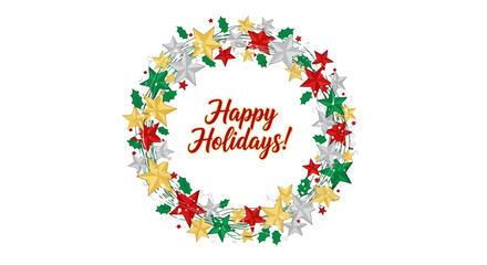 Festive holiday wreath with red, green, gold, and silver stars and the words 