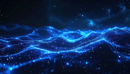 Abstract Blue Digital Waves With Glowing Particles Overlayed On A Dark Starry Background Representing Data Flow And Connectivity