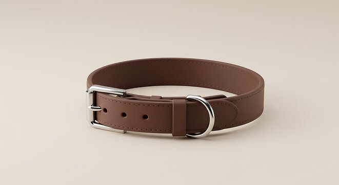 A simple brown leather dog collar with a silver buckle and dring, isolated on a plain background for commercial usage and mockups
