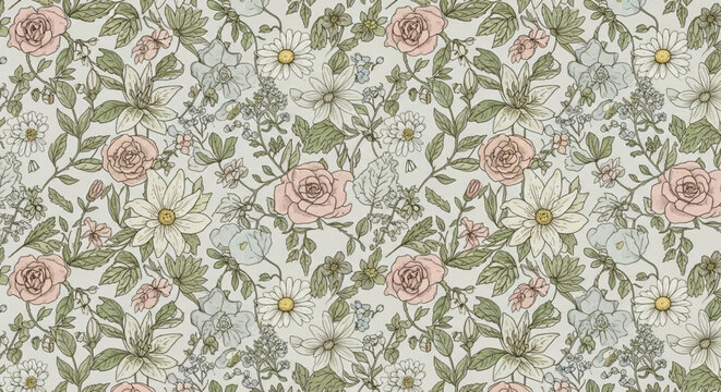 A delicate floral pattern showcases roses, daisies, and foliage in soft pastel hues, creating a vintage and romantic aesthetic for backgrounds