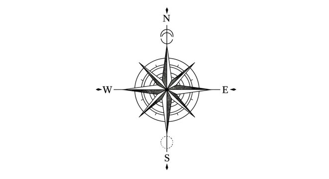 2D minimalist compass tattoo design with fine lines and simple geometry, black and white vector, isolated on white background, travel and direction theme.