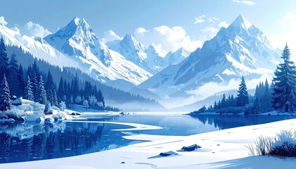 Majestic snow-capped mountains tower over a serene, frozen lake, reflecting the clear blue sky and surrounding evergreen forests in a picturesque winter landscape with soft, diffused light and a...