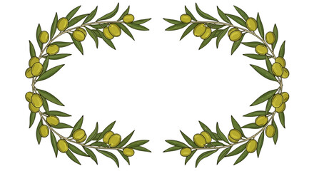 Obraz premium Olive branches frame with green olives and leaves on white background.