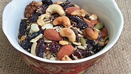 Healthy mix of nuts, seeds, and dried fruits served in a white bowl, perfect for a nutritious snack or breakfast topping.