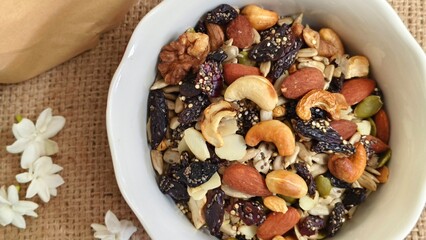 Healthy mix of nuts, seeds, and dried fruits served in a white bowl, perfect for a nutritious snack or breakfast topping.
