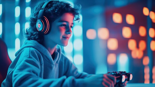 Young gamer engaged in immersive online video game experience, wearing glowing headset, holding controller, surrounded by vibrant neon blue and red lights in modern room