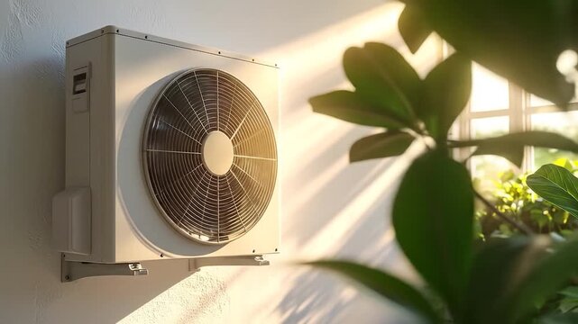 Outdoor air conditioner condenser unit on a white wall, bathed in golden sunlight with blurred green plants
