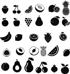 Fruit Icon Set – Minimal Silhouette Collection of Fresh Fruits Vector Illustration