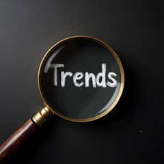 Magnifying glass focusing on the word &ldquo;Trends&rdquo; on dark background &mdash; concept of business analysis, growth, and innovation