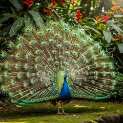 Obraz premium A magnificent peacock proudly displays its stunning iridescent tail feathers in a lush, vibrant garden setting, showcasing nature's breathtaking beauty and intricate patterns