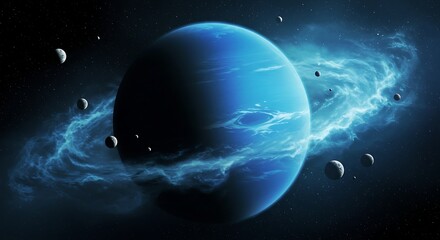 A vibrant gas giant, surrounded by nebulous rings and moons, set against a deep space backdrop