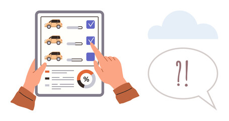 Hands selecting a car model on a checklist tablet, with charts and checkmarks for analysis. Ideal for car selection, planning, decision-making, data review, organization, strategy teamwork. Simple