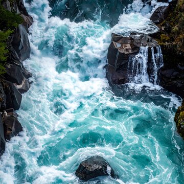 Aerial view of turquoise river rapids cascading over dark gray rocks with white foam