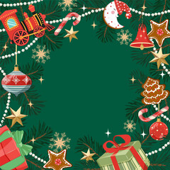 Christmas card with Christmas tree, gifts and gingerbread on snowflakes background in vintage style.