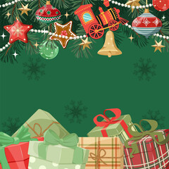 Christmas card with Christmas tree, gifts and gingerbread on snowflakes background in vintage style.