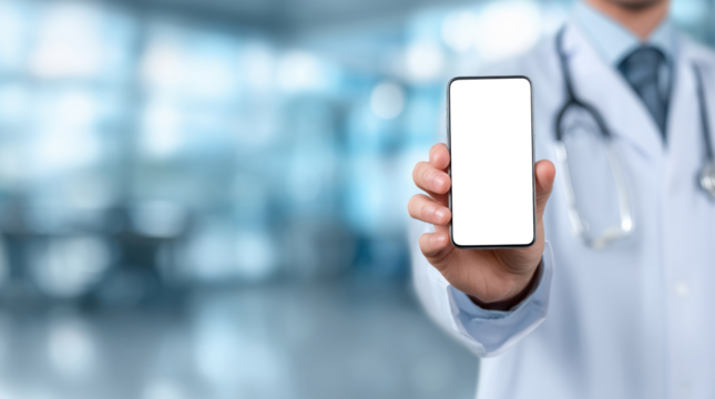 Medical doctor in white coat holding smartphone with blank white screen in hospital setting