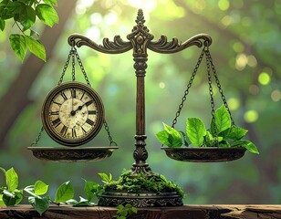 Intricate antique scales depict the delicate balance between time and nature, showcasing a vintage clock on one side and lush green foliage on the other, set against a blurred, sun-dappled natural...