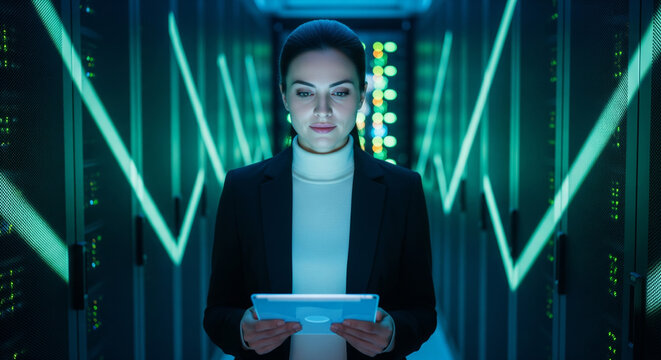 Professional woman monitoring servers with a digital tablet in a high-tech data center