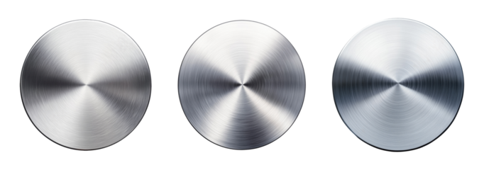 Three brushed metal circular discs with different radial patterns isolated on transparent background