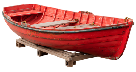 a small red boat on wooden pallets, transparent background, png file  
