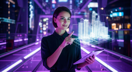 Young businesswoman interacting with a holographic city projection, symbolizing smart urban planning and future technology