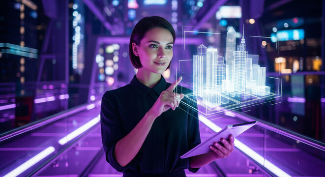 Young businesswoman interacting with a holographic city projection, symbolizing smart urban planning and future technology