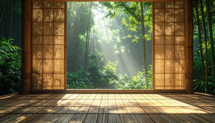 Tranquil interior space opens to a lush bamboo forest, with sunlight streaming through a window.