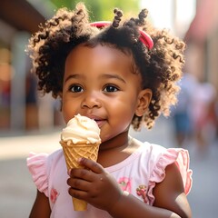 Young girl with curly hair enjoys ice cream, smiling outdoors