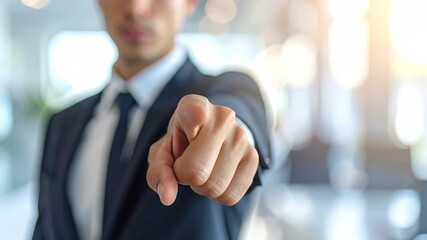 A blurred businessman in a suit points directly at the viewer, index finger in sharp focus - Powered by Adobe