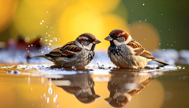 Two small birds splashing in water with a beautiful yellow background