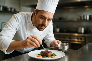 Professional chef plating gourmet dish with precision in commercial kitchen under soft light background, showcasing culinary focus and creativity. Ai generative
