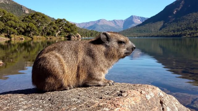 Southern Rock Cavy on Granite Rock Overlooking a Lake with Mountain Views in Patagonia Argentina in Broad Daylight under Bright Sunlight in Lush Green Forest with Calm Waterscape