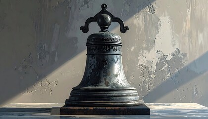 Ornate antique bell is centered, showcasing intricate details and textures in a  shot.