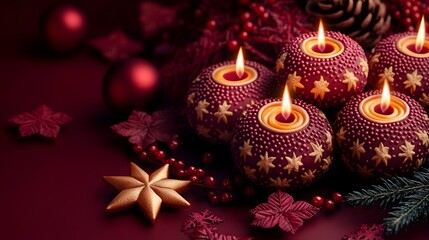 Beautiful holiday candles with intricate designs and warm flames set in a cozy festive arrangement for seasonal celebration